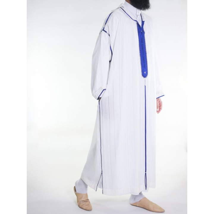 Djellaba marocaine en mousseline - Blanc cassé bleu roi