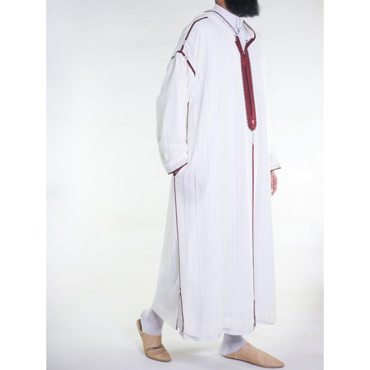 Djellaba marocaine en mousseline - Blanc cassé bordeaux