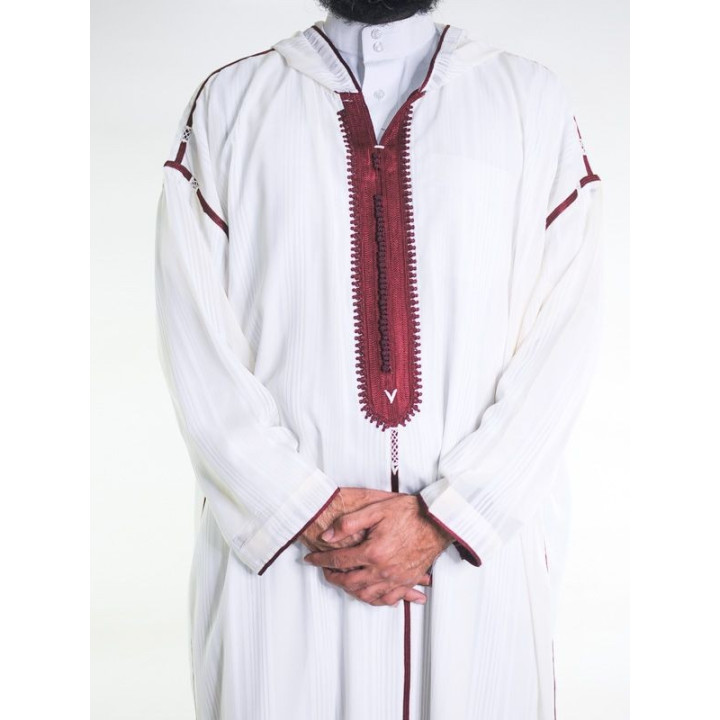 Djellaba marocaine en mousseline - Blanc cassé bordeaux