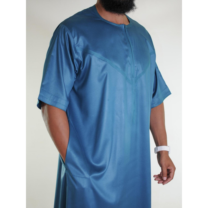Qamis Emirati manches courtes Vert Bleuté - Satiné