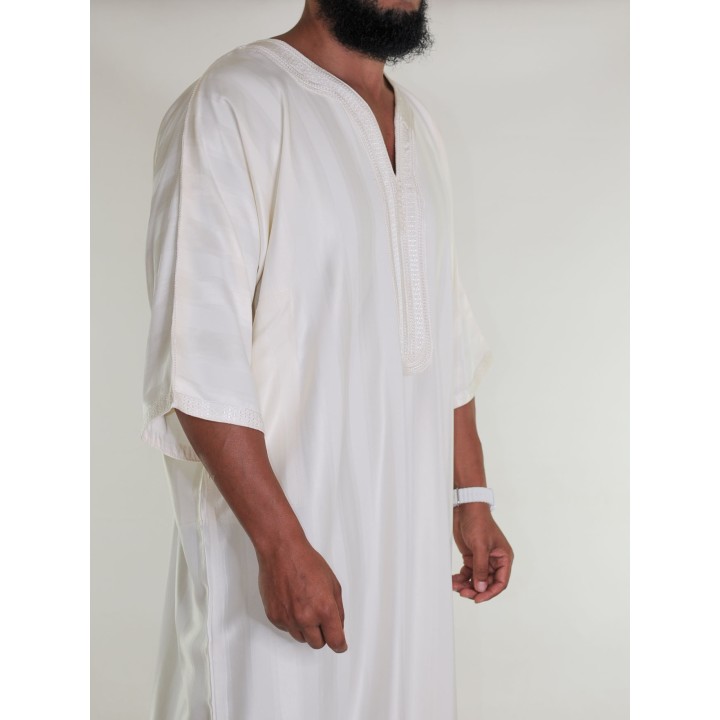 Gandoura marocaine Jawhara - Blanc cassé Broderie crème