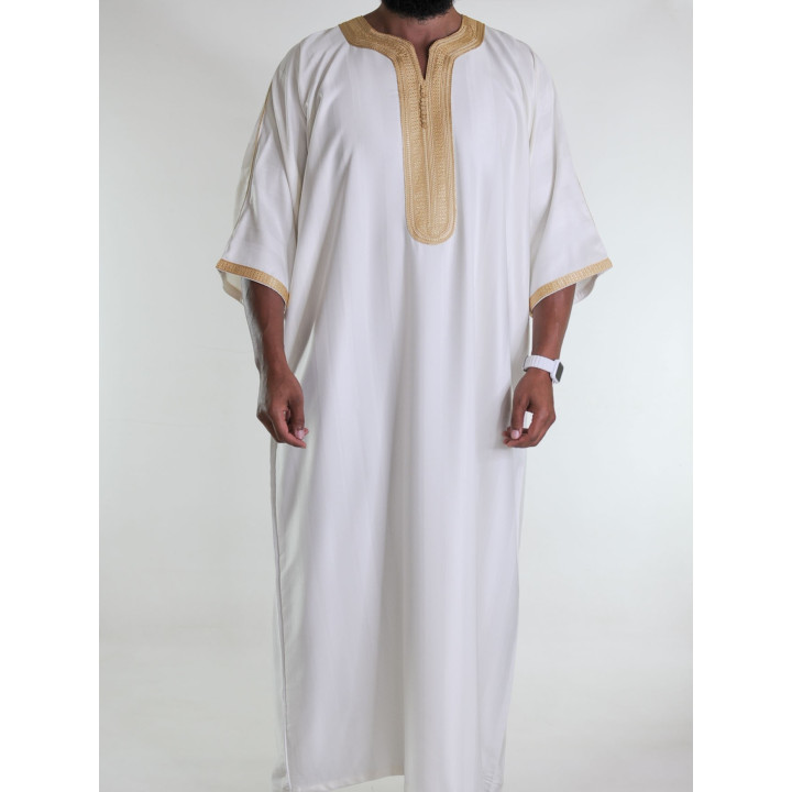 Gandoura marocaine Jawhara - Blanc cassé / Broderie Doré
