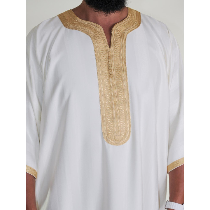 Gandoura marocaine Jawhara - Blanc cassé / Broderie Doré