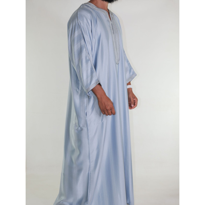 Gandoura marokkanische Djellaba Hellgrau / Ton-in-Ton-Stickerei