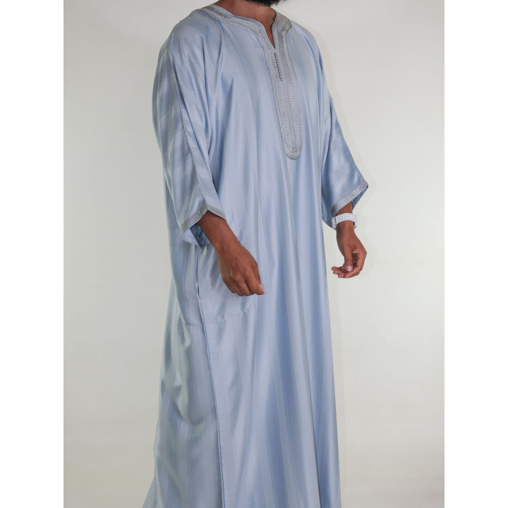 Gandoura marokkanische Djellaba Hellgrau / Ton-in-Ton-Stickerei