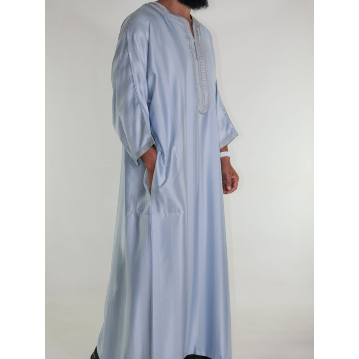 Gandoura marokkanische Djellaba Hellgrau / Ton-in-Ton-Stickerei