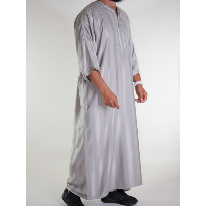 Gandoura marokkanische Djellaba Grau Taupe / Ton-in-Ton-Stickerei