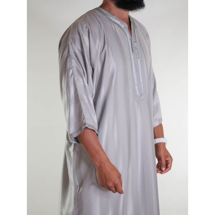 Gandoura marokkanische Djellaba Grau Taupe / Ton-in-Ton-Stickerei
