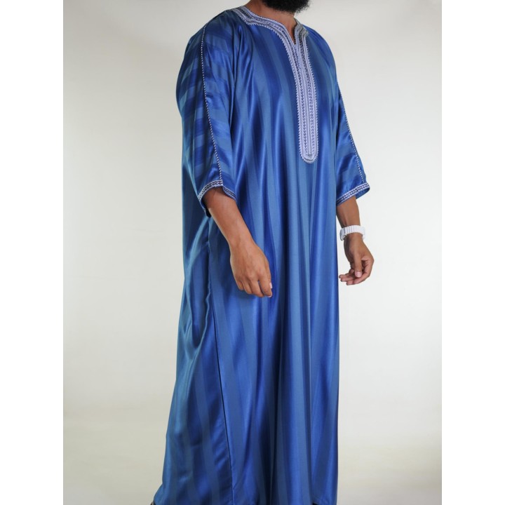Gandoura marocaine Jawhara - Bleu Marine / Broderie blanche - Gris