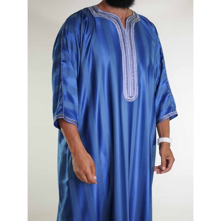 Gandoura marocaine Jawhara - Bleu Marine / Broderie blanche - Gris