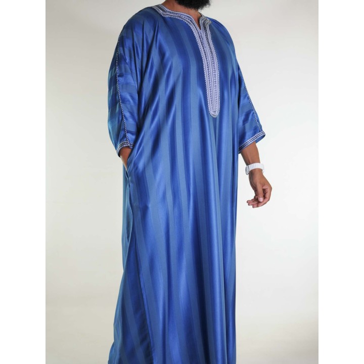 Gandoura marokkanische Djellaba Marineblau / Weiße Stickerei - Grau