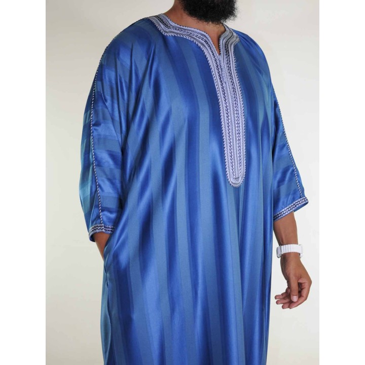 Gandoura marocaine Jawhara - Bleu Marine / Broderie blanche - Gris