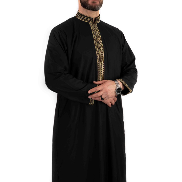Qamis Sultan I Modèle noir et doré avec broderie I Tissu coton