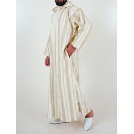 Djellaba marocaine Ouazzania rayée - Blanc/taupe