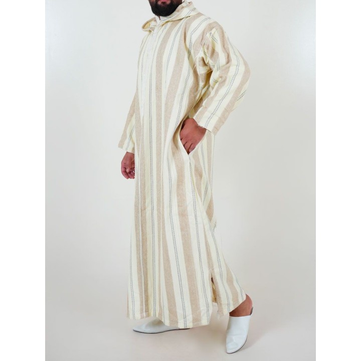 Marokkanische Djellaba Ouazzania gestreift - Weiß/Taupe