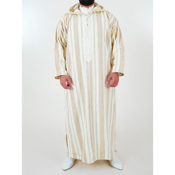 Marokkanische Djellaba Ouazzania gestreift - Weiß/Taupe