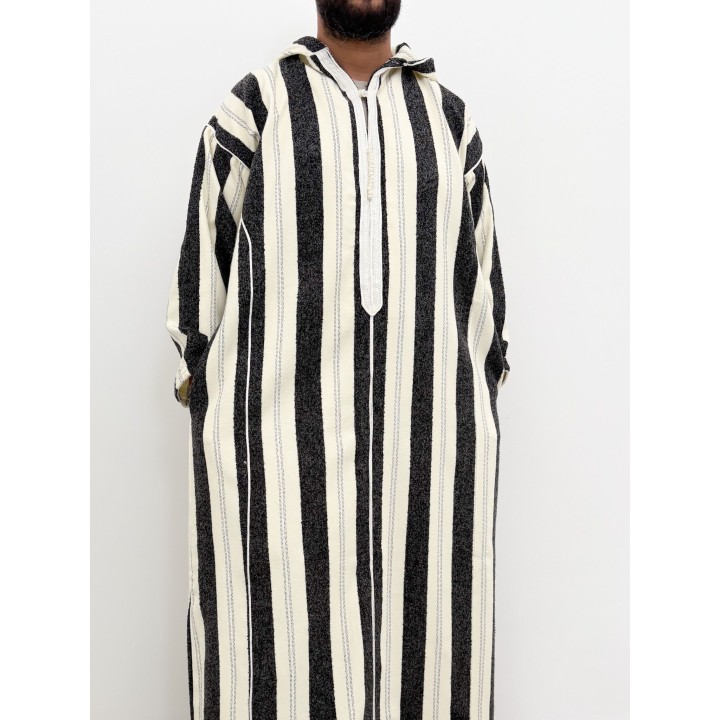 Djellaba marocaine Ouazzania rayée - Blanc/noir