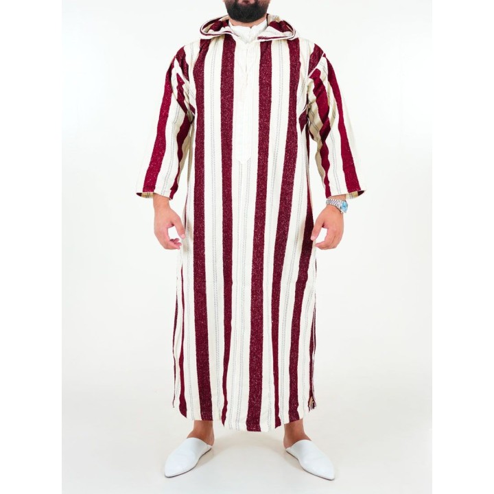 Djellaba marocaine Ouazzania rayée - Blanc / bordeaux