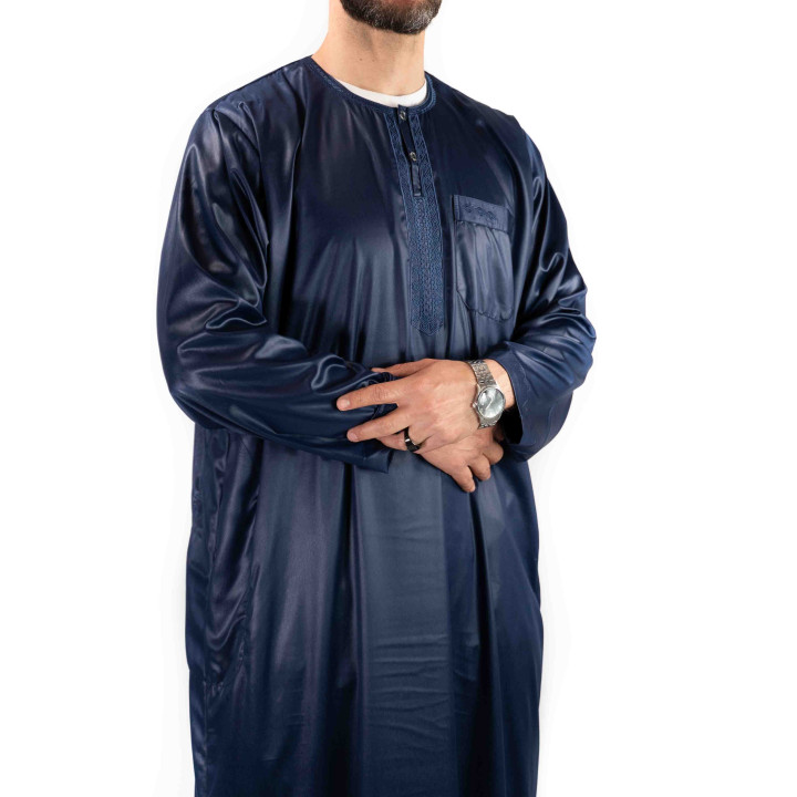 Qamis Atlas Marineblau satiniert - Langarm