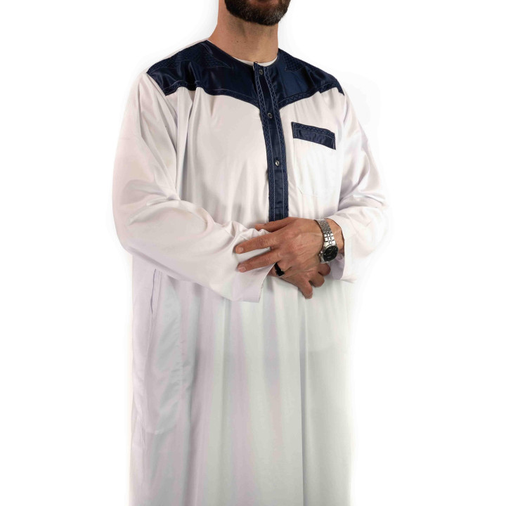 Qamis Atlas Zweifarbig Weiß / Marineblau satiniert - lange Ärmel