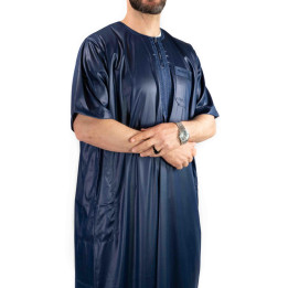 Qamis Atlas Marineblau satiniert - Kurzarm
