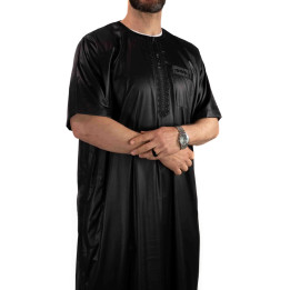 Qamis Atlas Noir satiné - manches courtes