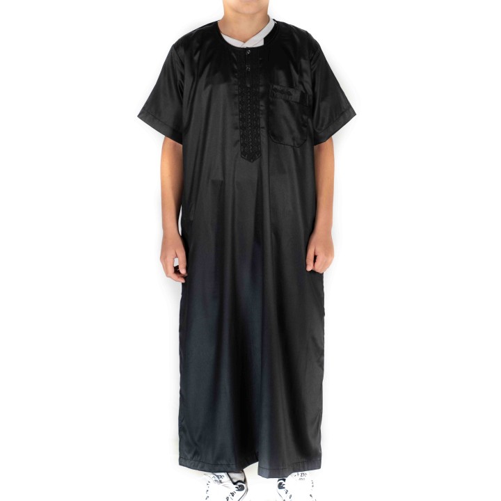 Qamis Enfant / Ado Noir satiné  manches courtes - Atlas
