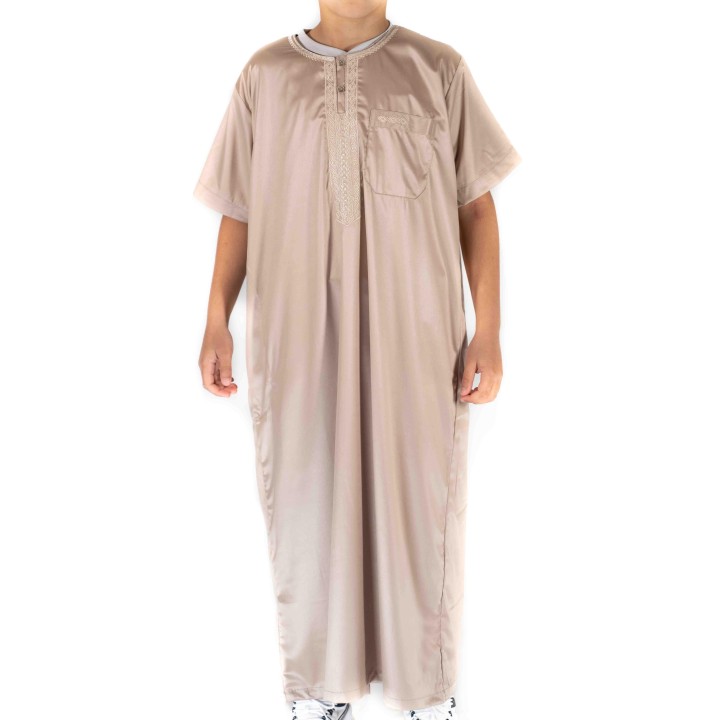 Qamis Enfant / Ado Beige satiné  manches courtes - Atlas