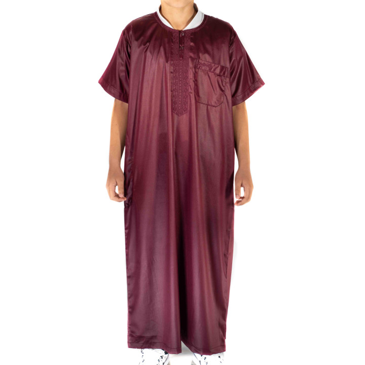 Qamis Enfant / Ado Bordeaux satiné manches courtes - Atlas