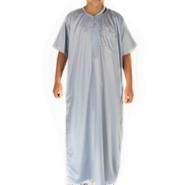 Qamis Enfant / Ado Gris clair satiné manches courtes - Atlas