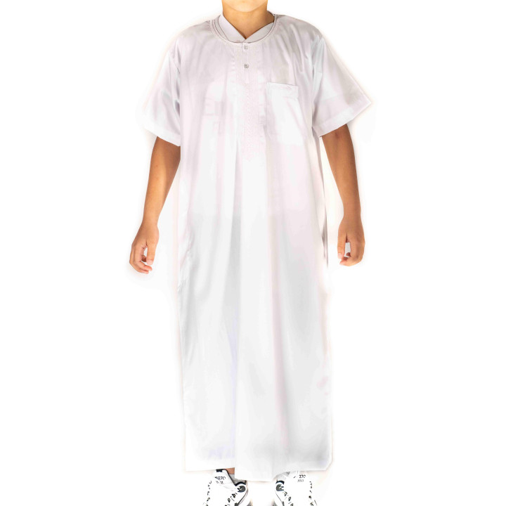 Qamis Enfant / Ado Blanc satiné manches courtes - Atlas