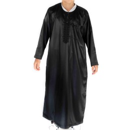 Qamis Enfant / Ado Noir satiné manches longues - Atlas