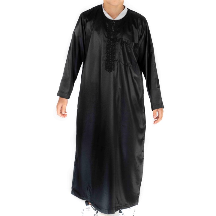 Qamis Enfant / Ado Noir satiné manches longues - Atlas