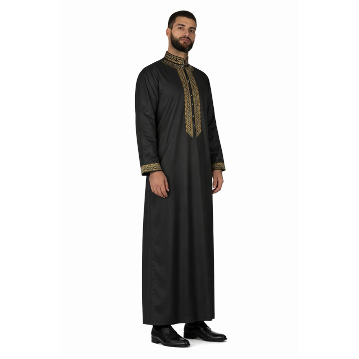 Qamis Adam Noir - avec broderie - Satiné