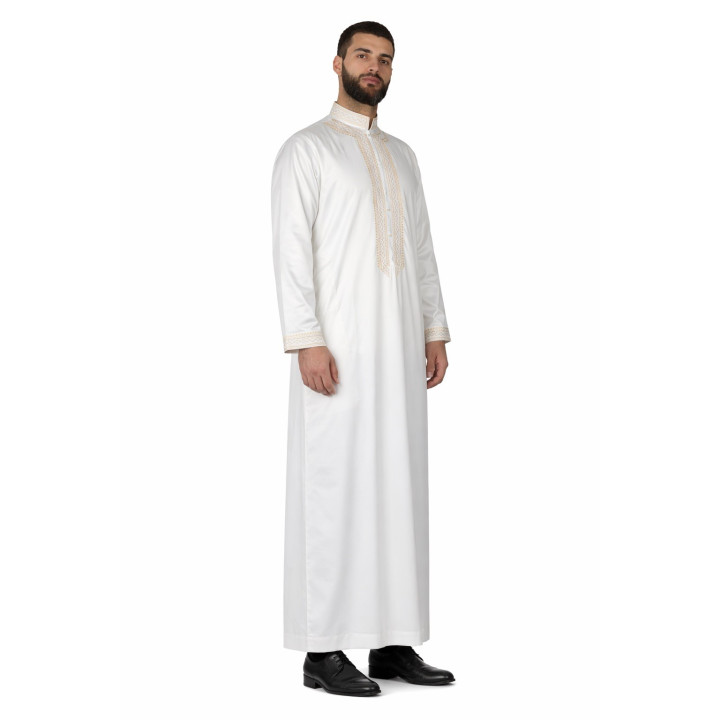 Qamis Adam Weiß - mit Stickerei - satiniert