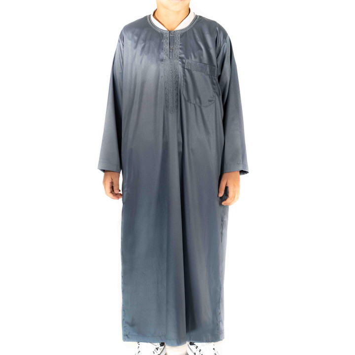 Qamis Enfant / Ado Gris foncé satiné manches longues - Atlas