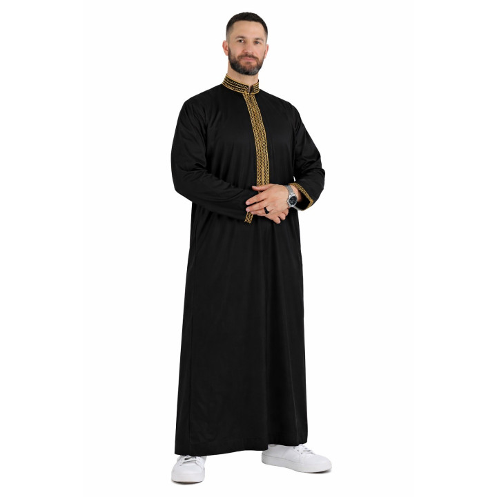 Qamis Sultan I Modèle noir et doré avec broderie I Tissu coton