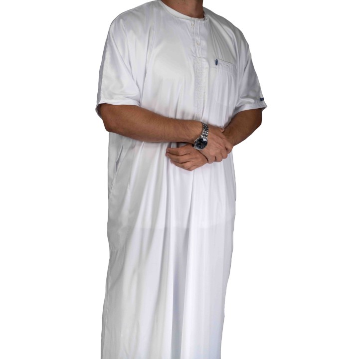 Qamis Ikaf Weiß - Satin Stoff - Kurze Ärmel