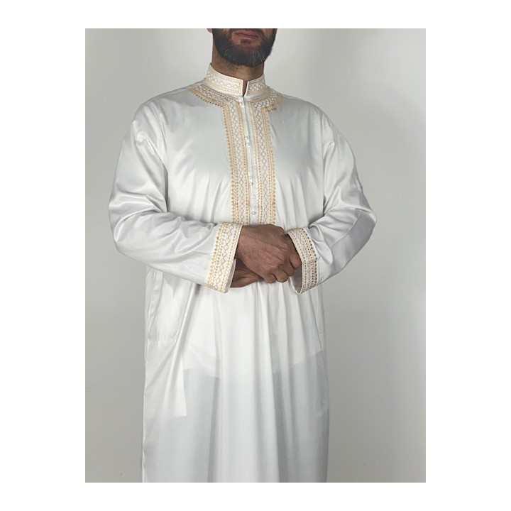 Qamis Adam Blanc - avec broderie - Satiné