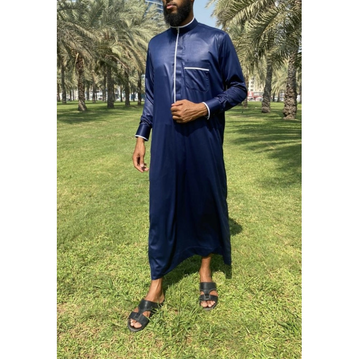 Qamis Eden Bleu marine - bicolore blanc - Satiné