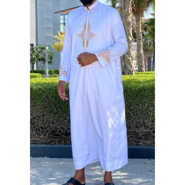 Qamis Aylan Weiß - Stickerei - Satiniert