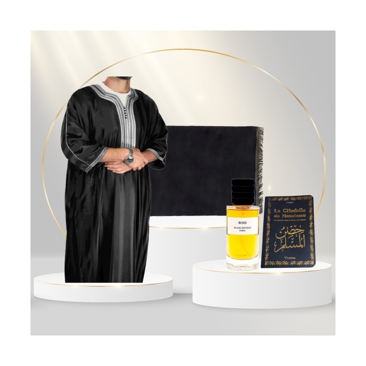 Set Qamis Privé Gandoura schwarz mit weißer Stickerei
