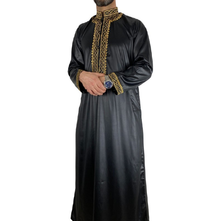 Qamis Adam Noir - avec broderie - Satiné