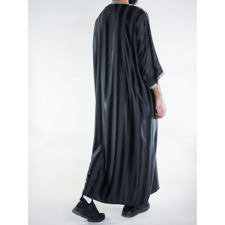 Gandoura marocaine Jawhara - Noir / Broderie Blanche