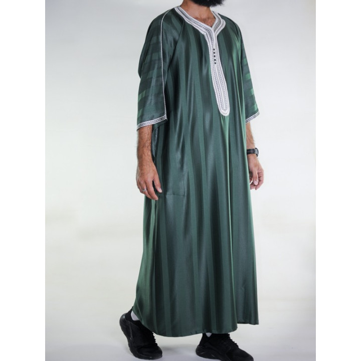 Gandoura marocaine Vert bouteille / Broderie Blanche