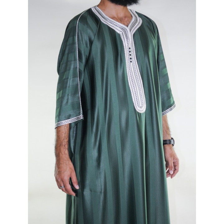 Marokkanische Djellaba Gandoura Flaschengrün / Weiße Stickerei