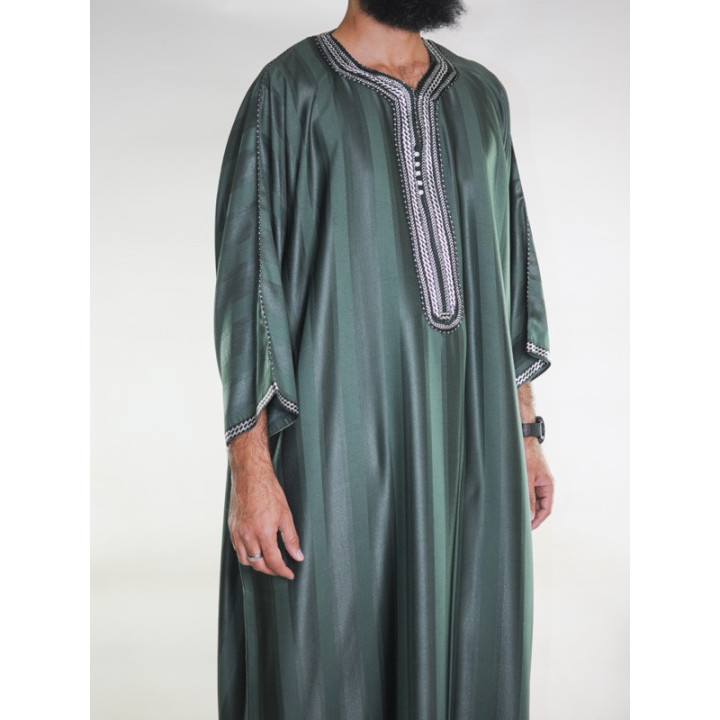Gandoura marocaine Vert bouteille / Broderie Blanche