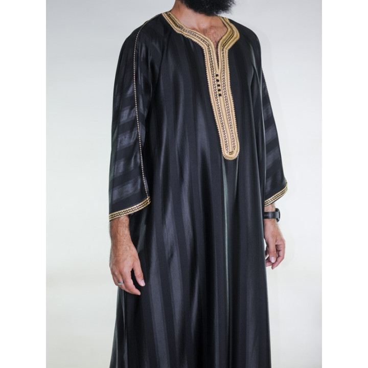 Gandoura marocaine Jawhara - Noir / Broderie Doré