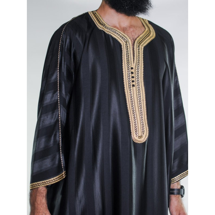 Gandoura marocaine Jawhara - Noir / Broderie Doré