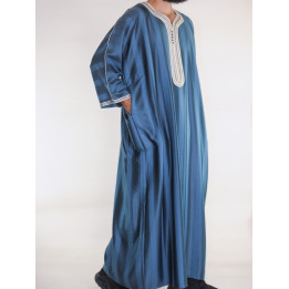 Gandoura marocaine Jawhara - Bleu émeraude / Broderie blanc
